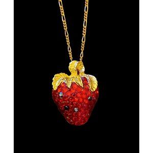 Suzanne Bjontegard Vintage Strawberry Necklace Brooch Gold Tone Ruby Rhinestone